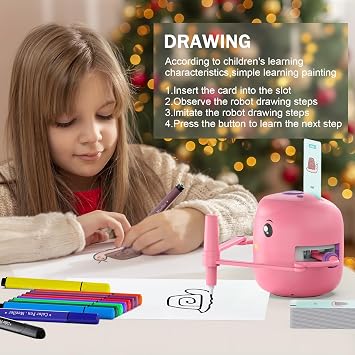 Drawing Robot for Kids,Montessori Educational Painting Toy for 5+ with Voice Interaction&16 Color Pens,Magic Drawing Robot with 100 Learning Word Cards, Suitable for 5+ Year Old Boys Girls (Pink)