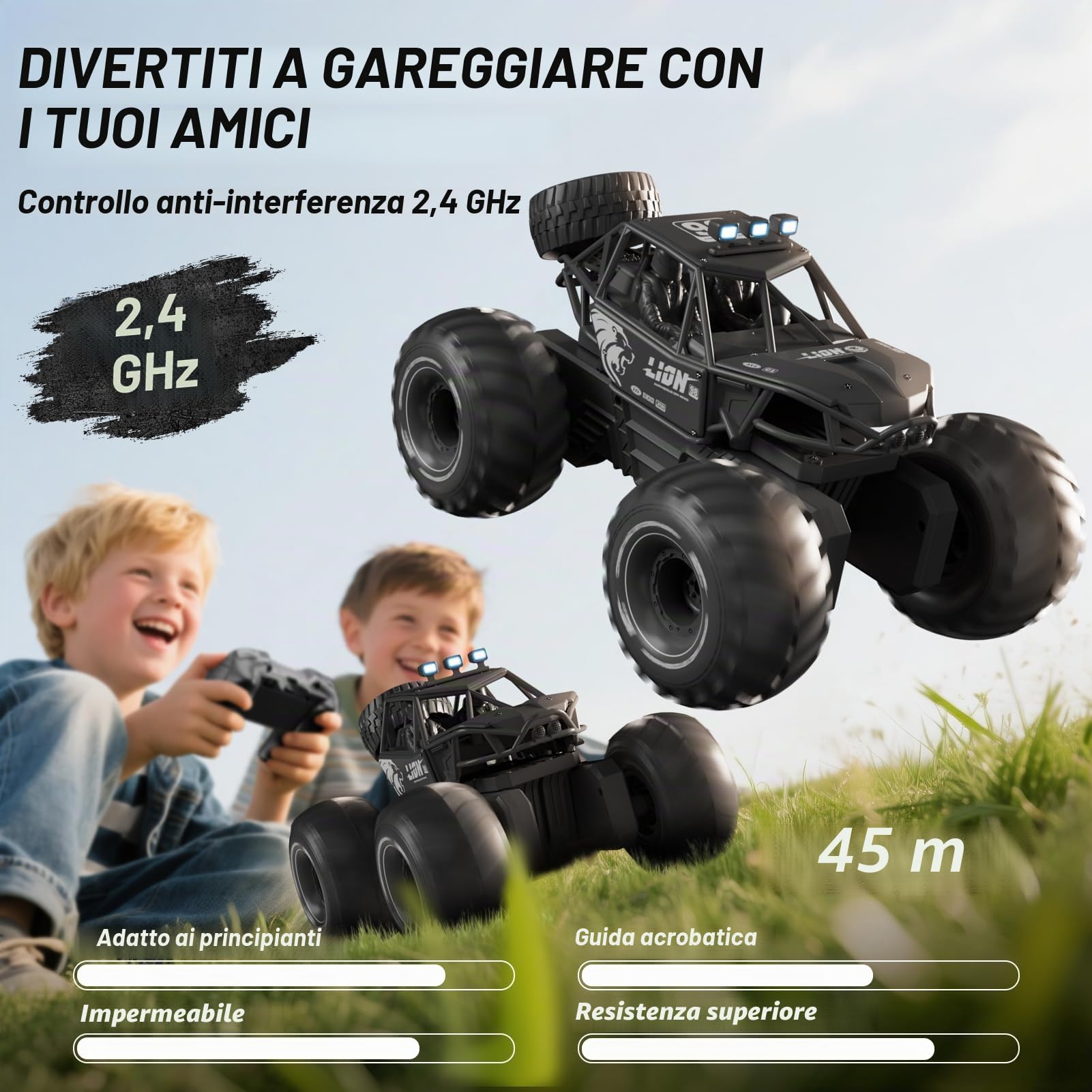4DRC Y10 Veicolo anfibio telecomandato, camion mostro RC 4WD fuoristrada, auto RC acrobatica 2.4GHz per ragazzi con blocchi, rotazione 360°, oltre 60min gioco, impermeabile, regalo