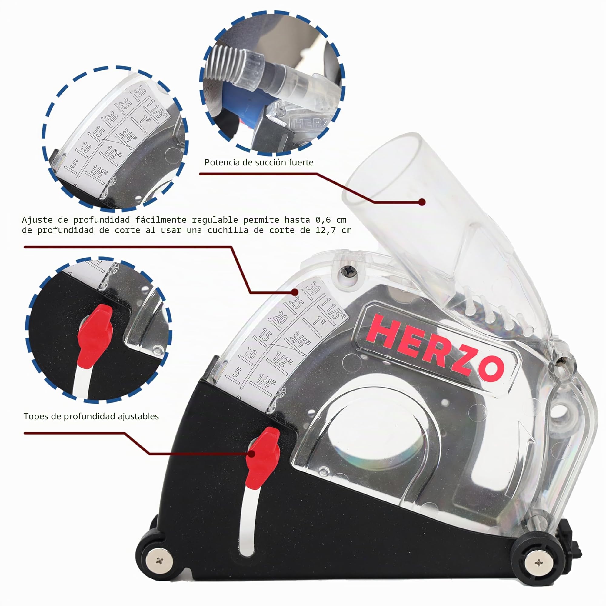HERZO 115/125 mm Guía de corte con racor de aspiración para cortar, Negra