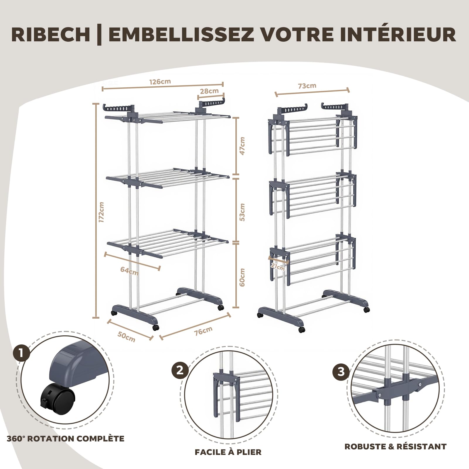Etendoir Linge Tour sur roulettes | Séchoir 4 Niveaux en Acier Inoxydable avec 6 Ailes Pliantes | 76x50x172 cm | Gain de Place pour Balcon Salle de Bain & Intérieur | Gris