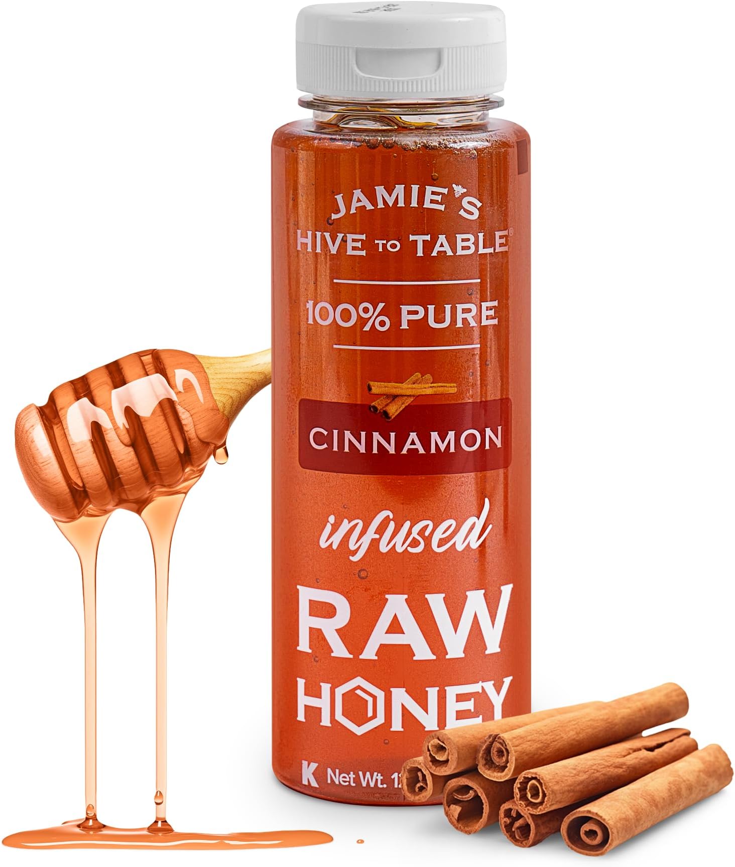 Jamie's Hive to Table Cinnamon Flavored Honey, 12 Oz – 100% Raw & Unfiltered Honey with a Warm & Spiced Flavor – Perfect for Coffee, Smoothies & Desserts