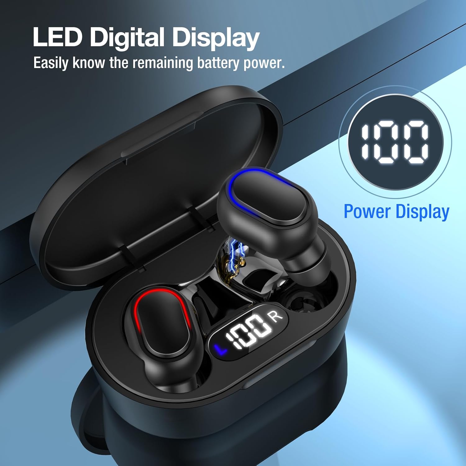 LED Digital Display showing 100% charge on the headphone charging case