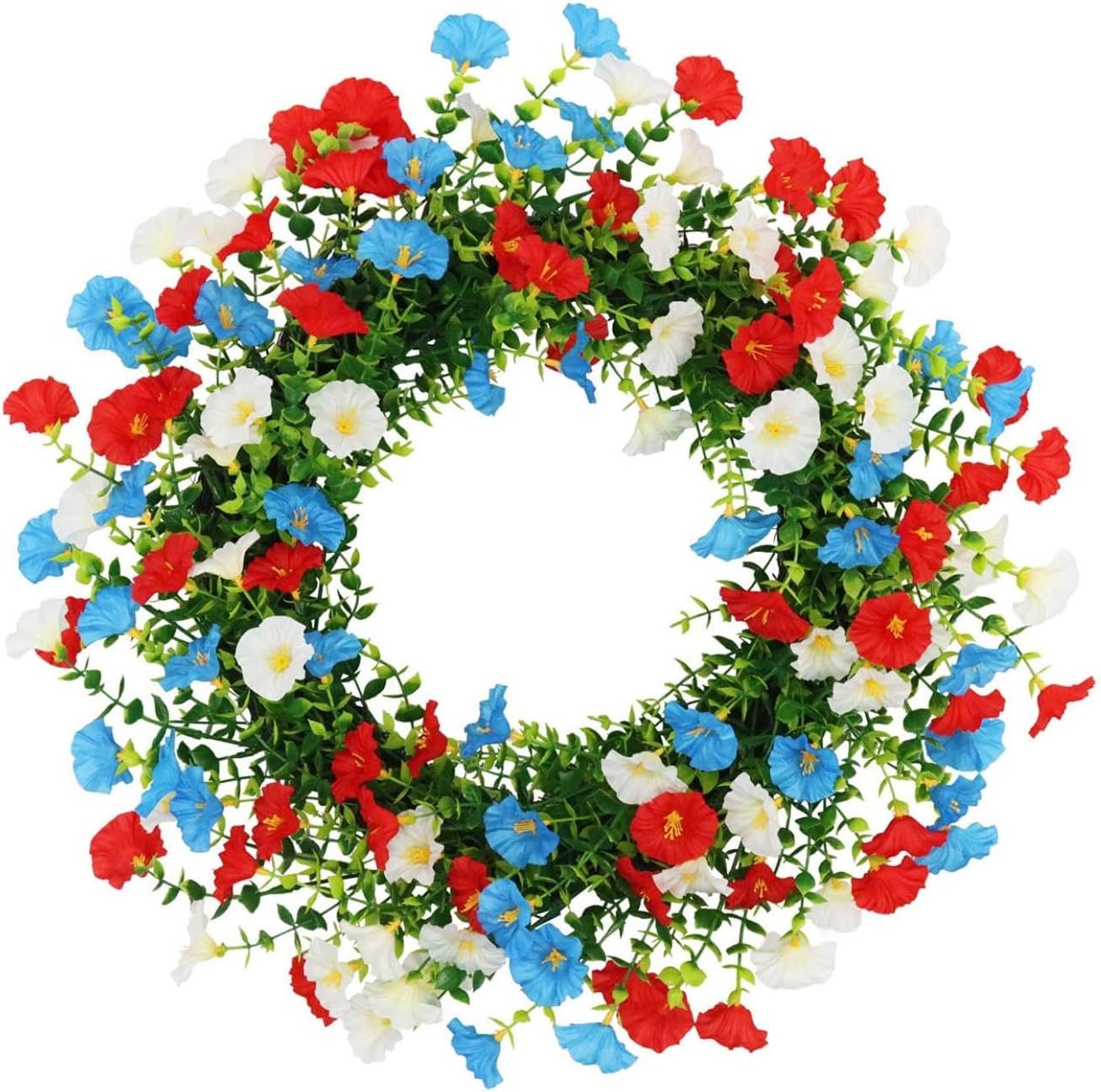 4th of July Patriotic Artificial Flowers Wreath for Front Door Red White and Blue Faux Morning Glory Daisy Greenery Wreaths for Memorial Day USA 250th Anniversary Independence Day Home Decor (F)