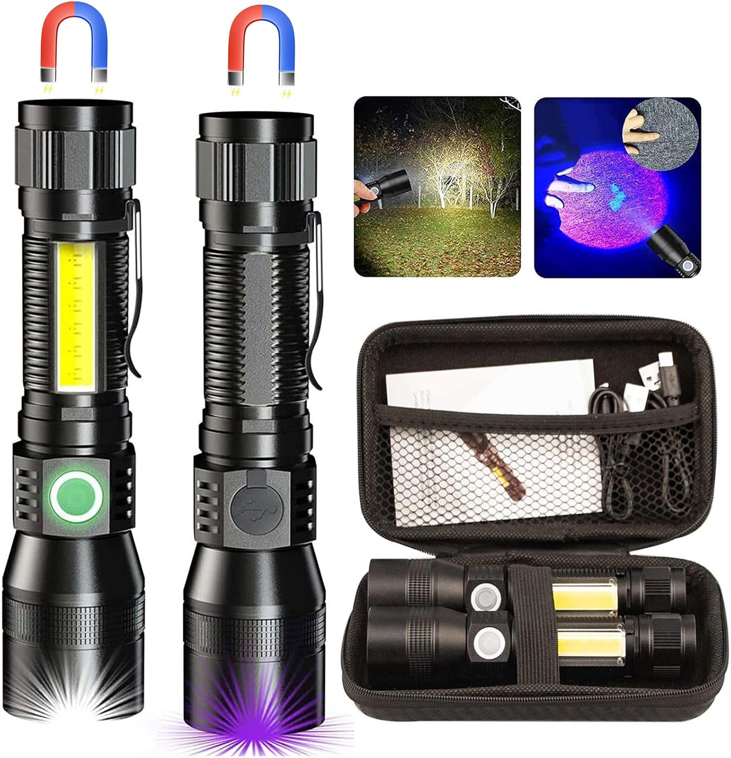 Black Mild UV Flashlight, 3-in-1 Magnetic Rechargeable Flashlight, Excessive Lumens Zoomable Beam LED Flash Mild, 7 Modes Waterproof Tactical Flashlight for Emergencies, Tenting, Pet Urine Detection