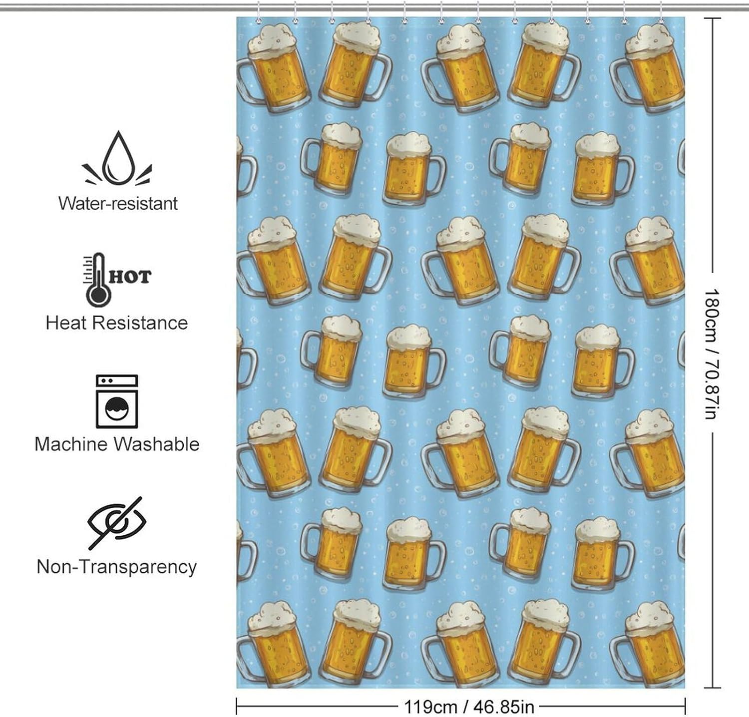 Beer Print Shower Curtain 46.85x70.87Inch（119x180cm） Polyester Bath Curtain Shower Curtains Printed Decorative