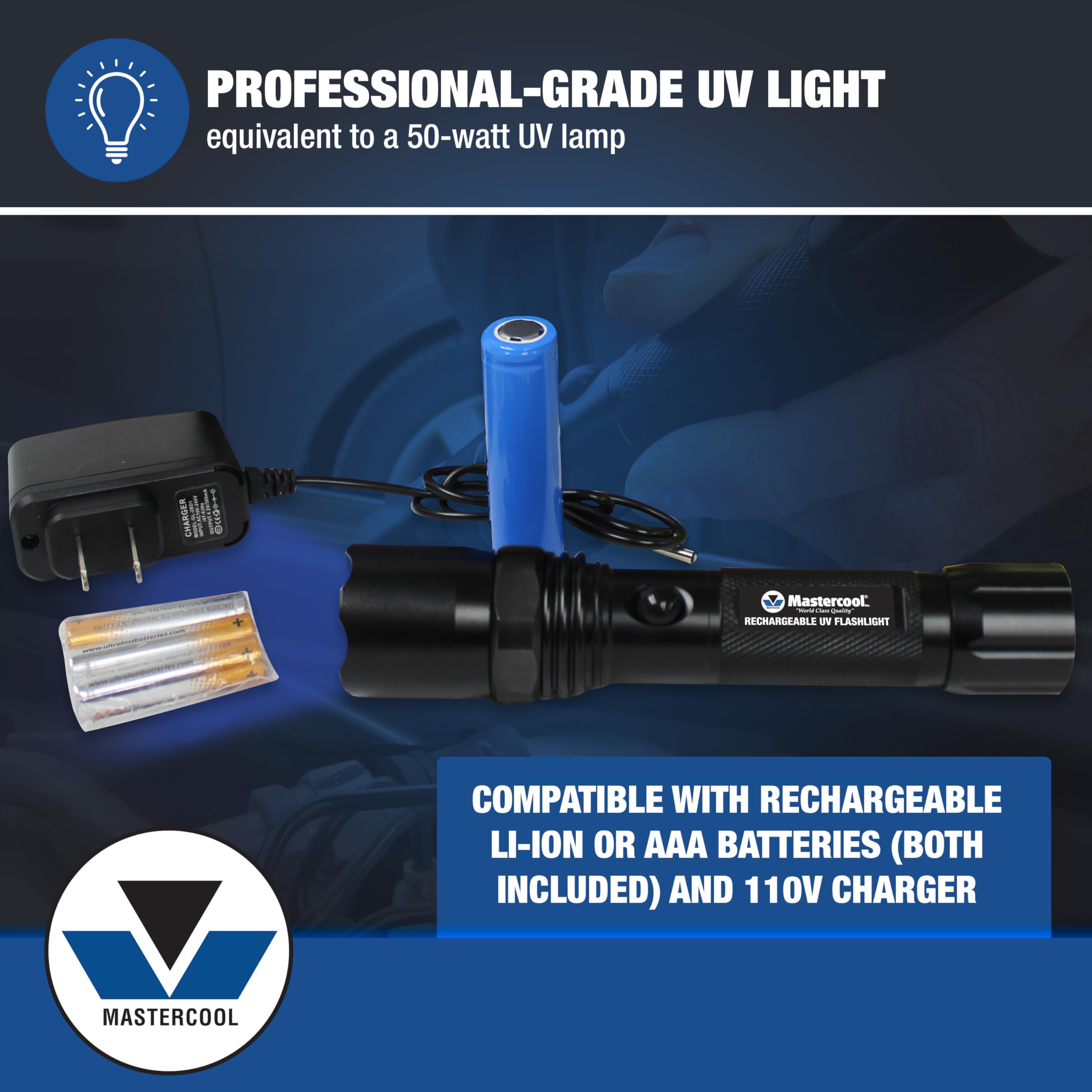 Mastercool 53451-110 Rechargeable UV Leak Detection Kit – Includes High-Intensity UV Flashlight, 2 oz Refillable Dye Injector, Universal Dye, Glasses & Accessories – A/C, Oil, Coolant Leak Locator