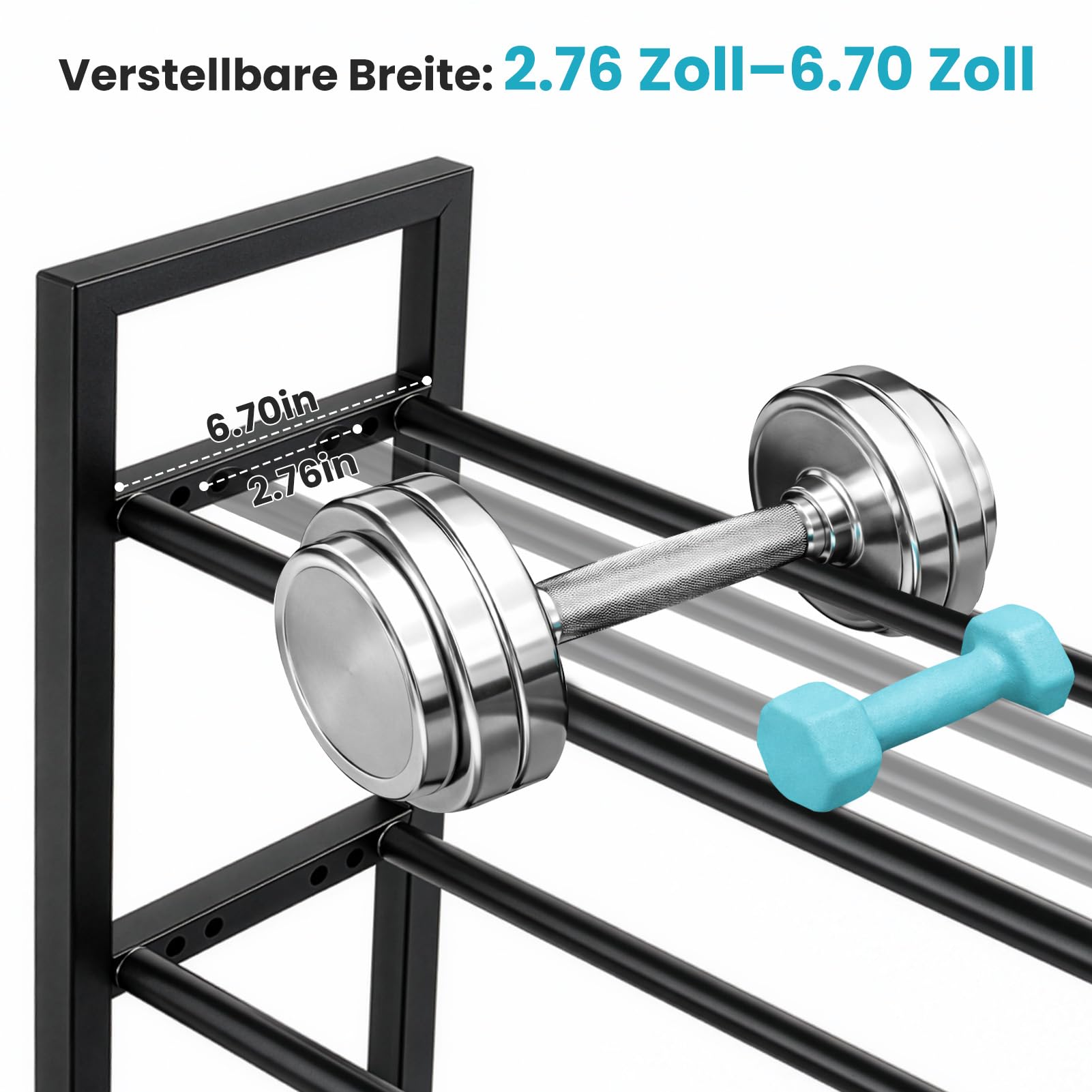 3-Stöckiges Hantelgestell aus Metall, verstellbare Breite, Belastbarkeit 360 lbs, für Hanteln, Kettlebells und Fitnessgeräte