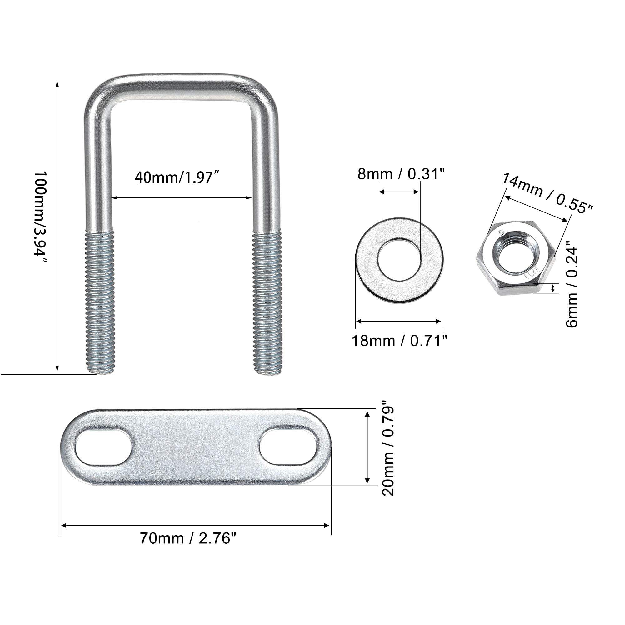 TOP-VIGOR 2 sets M8 Square U-Bolts, 40mm Inner Width 100mm Length Steel U-Bolts with Nut, Plate - Image 2