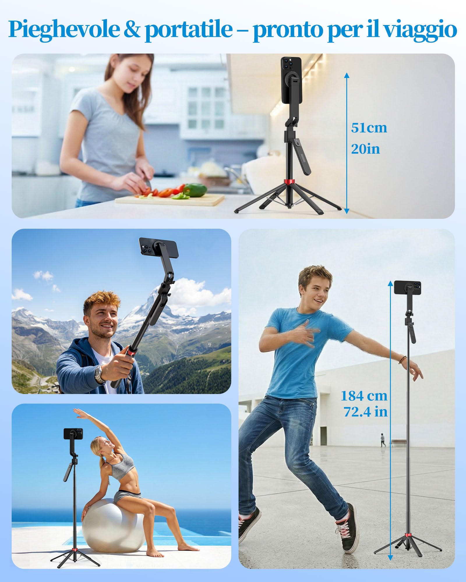 PlusAcc Treppiede magnetico per selfie da 72" per iPhone, rotazione a 360°, con telecomando, compatibile con Magsafe/smartphone, per registrazione video, Vlog, Tiktok