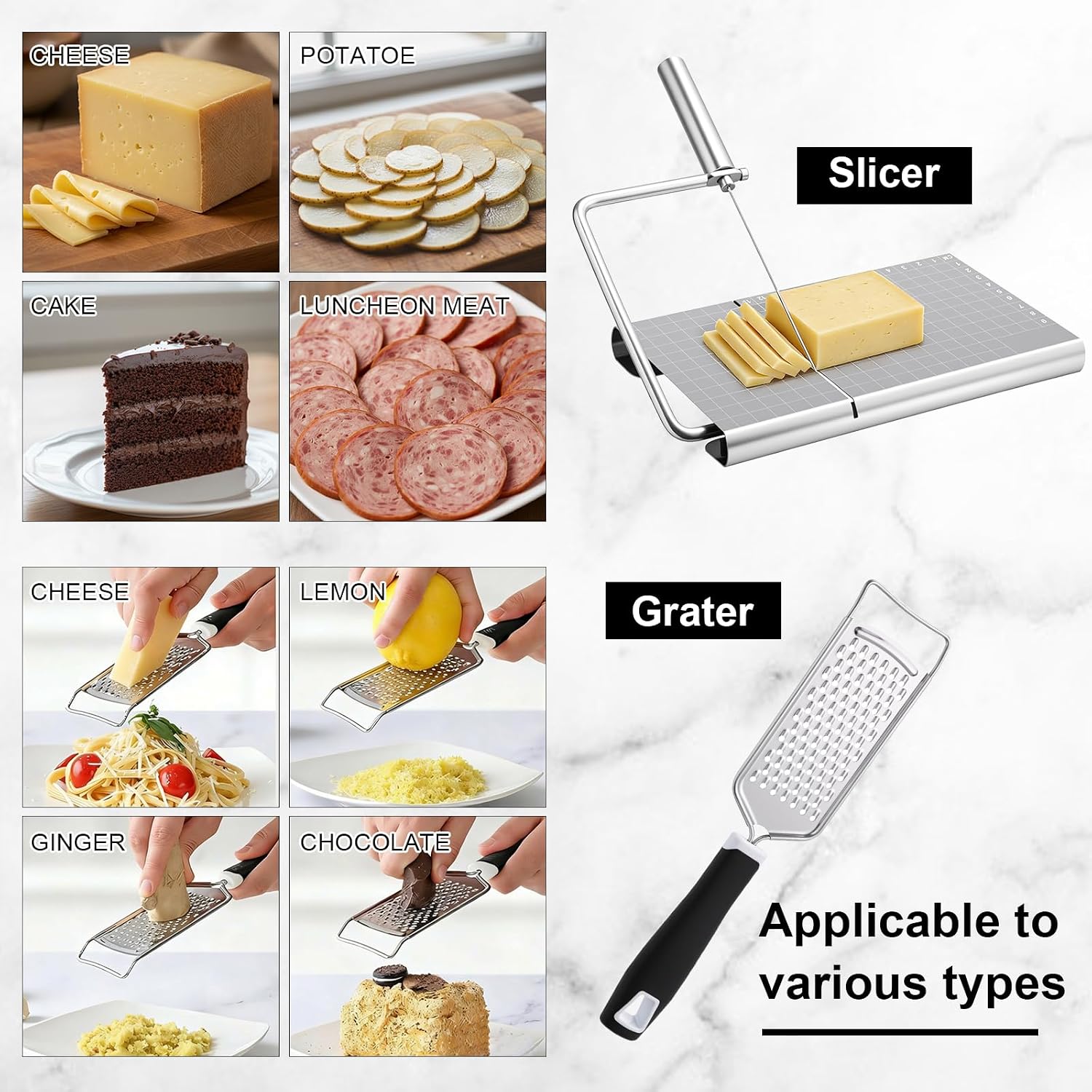 Lothee Stainless Steel Cheese Slicer with Board, Wire Cutter and Grater