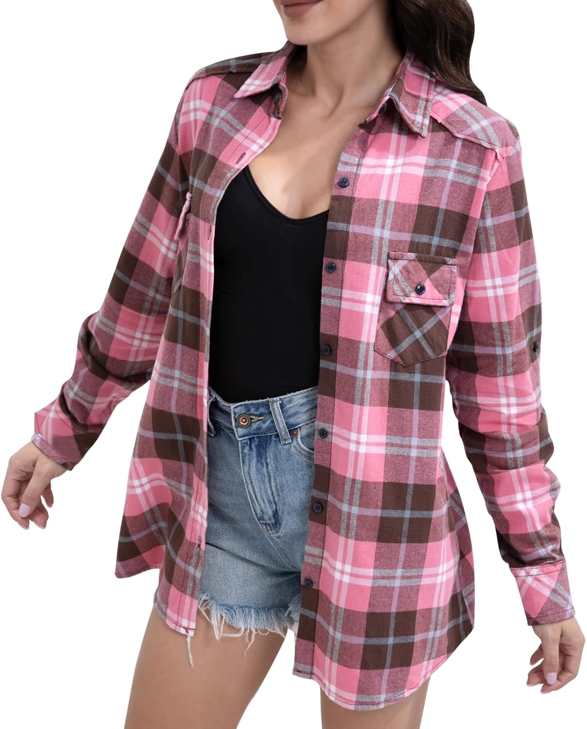 Match Womens Button Down Flannel Plaid Shirts roll up Long Sleeve Shackets Business Blouse Top