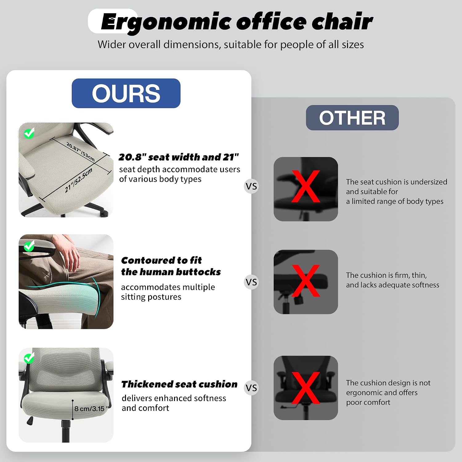 Fizzin Ergonomic Office Chair, 400 LBS Computer Chairs with Adjustable Lumbar Support, Breathable Mesh Desk Chair Ergonomic with Thickened Cushion, Comfy Home Office Desk Chair (Dark Gray) thumbnail
