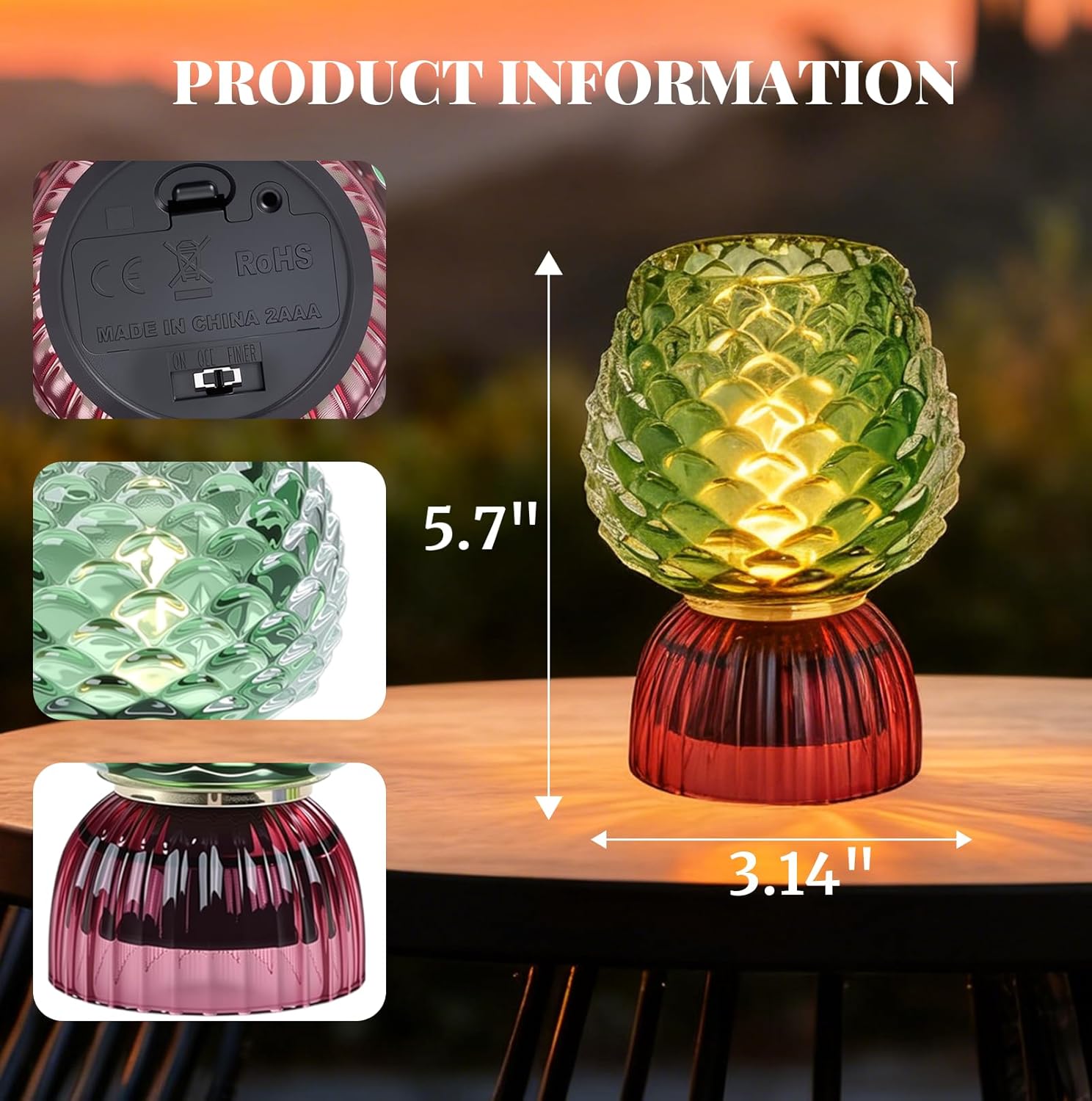 ONXE Cordless Table Lamp for Bedroom, Waterproof Battery Operated Shower Lamp with Auto-Off Timer, Cozy Vintage LED Night Light Green Glass Shade for Nightstand Living Room Bathroom Patio Camping