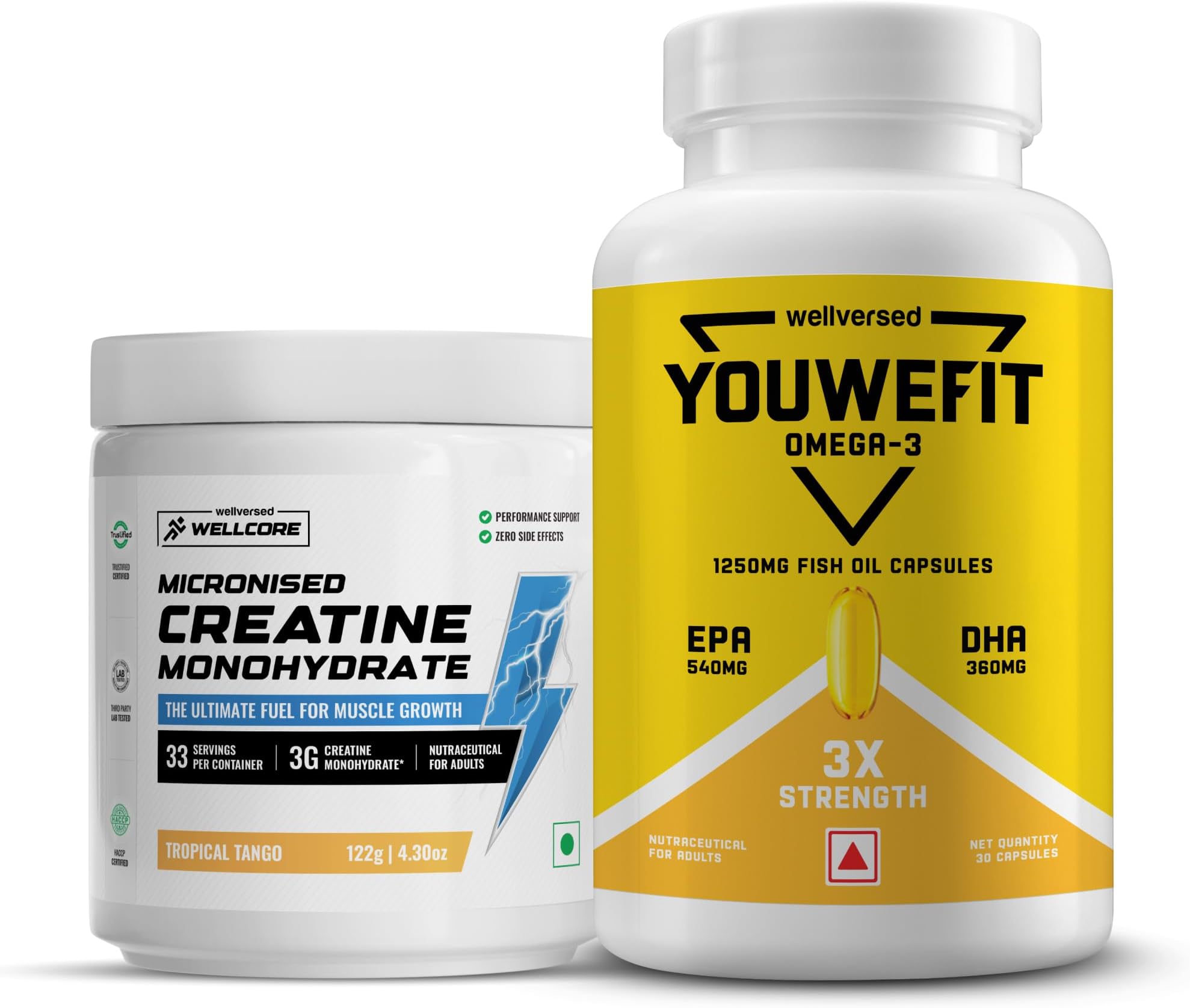 Wellcore Creatine with Omega 3 Capsules Triple Strength (Creatine 122g Tropical Tango & 30 Capsules Omega) | 1250mg Triple Strength | EPA + DHA | Enhanced Muscle Strength |