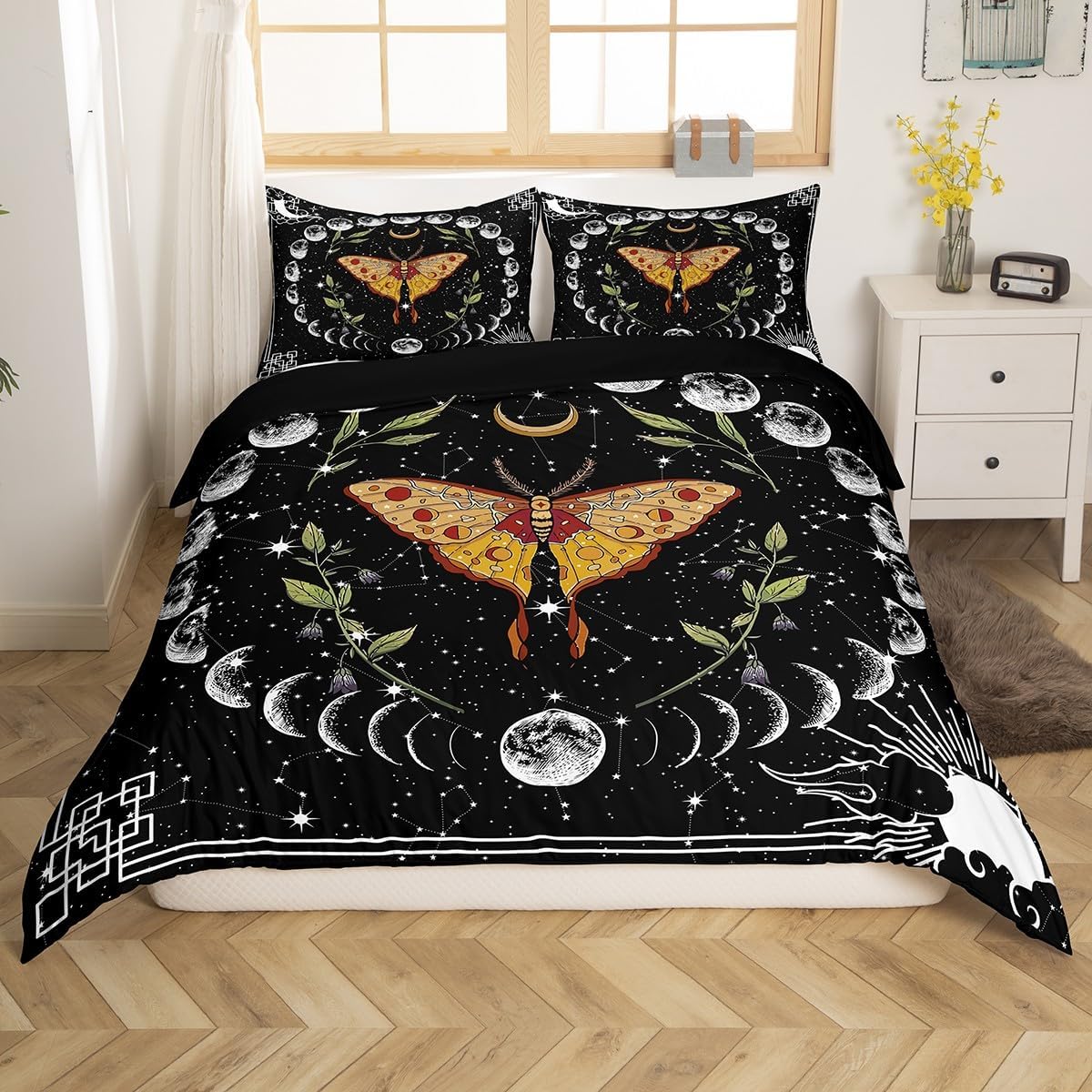 Erosebridal Gothic Moth Bedding Set,Sun and Moon Duvet Cover Starry Sky Stars Comforter Cover King Constellation Quilt Cover Florals Leaves Butterfly Bedroom Decor,Moon Phase Pattern Decor for Home