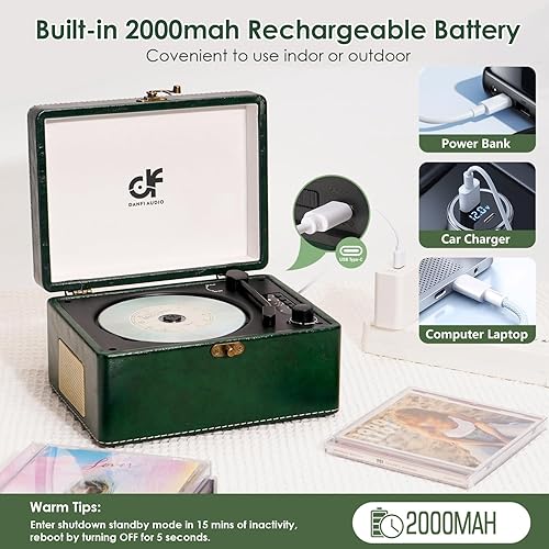 Miniatura 5 de Reproductor de CD recargable retro con altavoces mejorados, transmisión inalámbrica Bluetooth, reproductor de música portátil, Boombox, verde oscuro