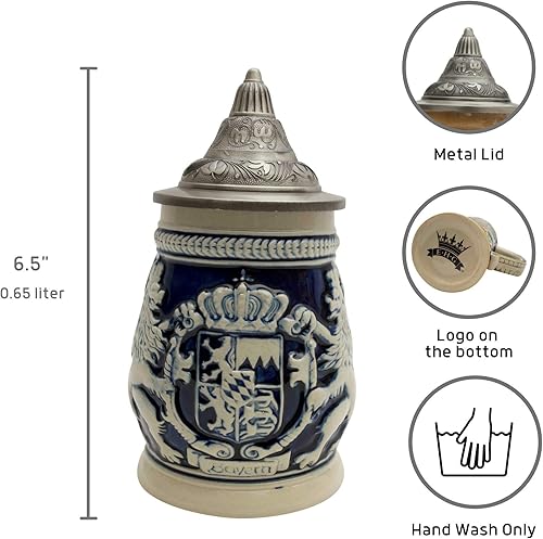 Miniatura 3 de 0,65 litros | OktoberfestHaus Regalos alemanes para hombres pintados a mano Stein Bayern Escudo de armas con tapa de metal Jarras de Cerveza y Jarra