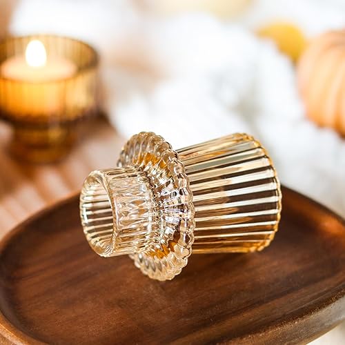 Miniatura 5 de Juego de 6 portavelas dorados para velas de candelita, juego de candelabros cónicos de vidrio acanalado, centros de mesa para Acción de Gracias,