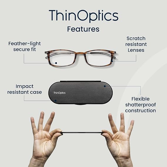 ThinOptics Reading Glasses, 1.0 to 2.5, Slim 4mm Case, Ultra Light, Compact