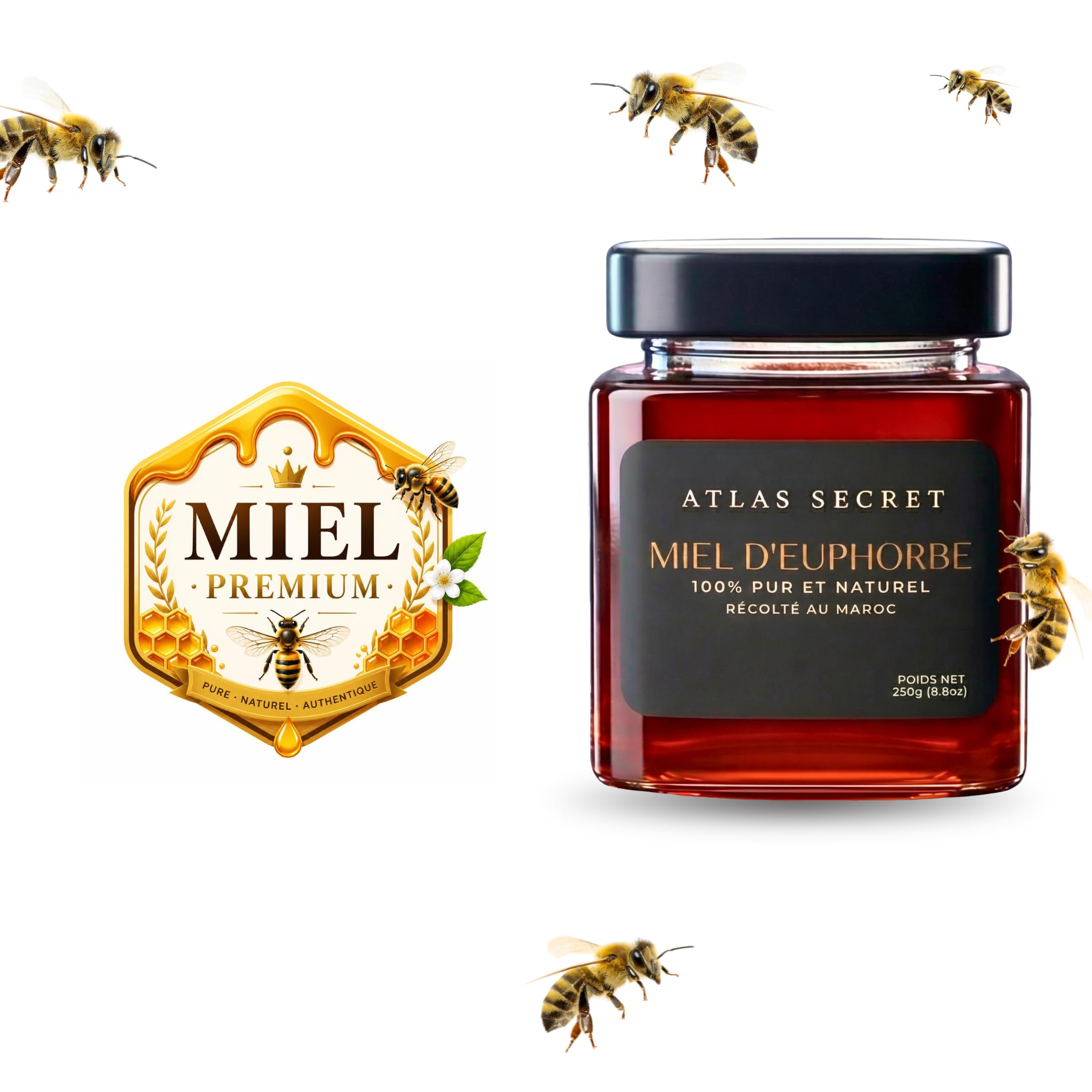 Miel de Daghmous (Euphorbe) 100% pur et naturel, récolté au Maroc, rare et authentique, fabrication traditionnelle, savoureux et intense, nombreuses vertus (maux de gorge, estomac, asthme, tension...)