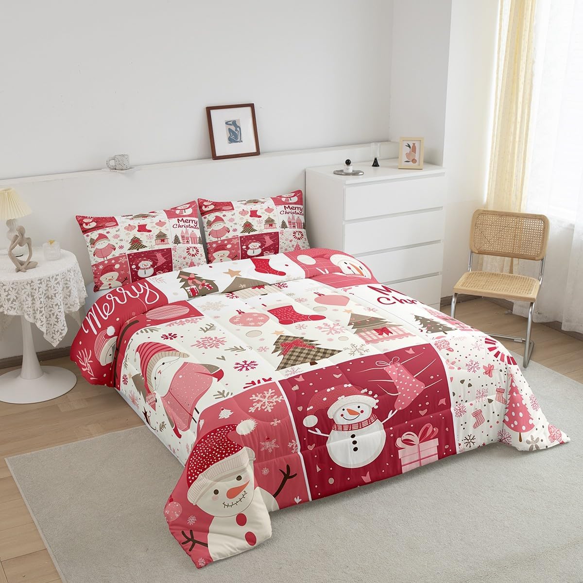 Christmas Tree Comforter Set Queen Size,Merry Christmas Bedding Set for Kids Boys Girls Room Decor,Snowman Christmas Tree Snowflake Duvet Insert 3Pcs,Cartoon Plaid Patchwork Quilt Set,2 Pillowcases