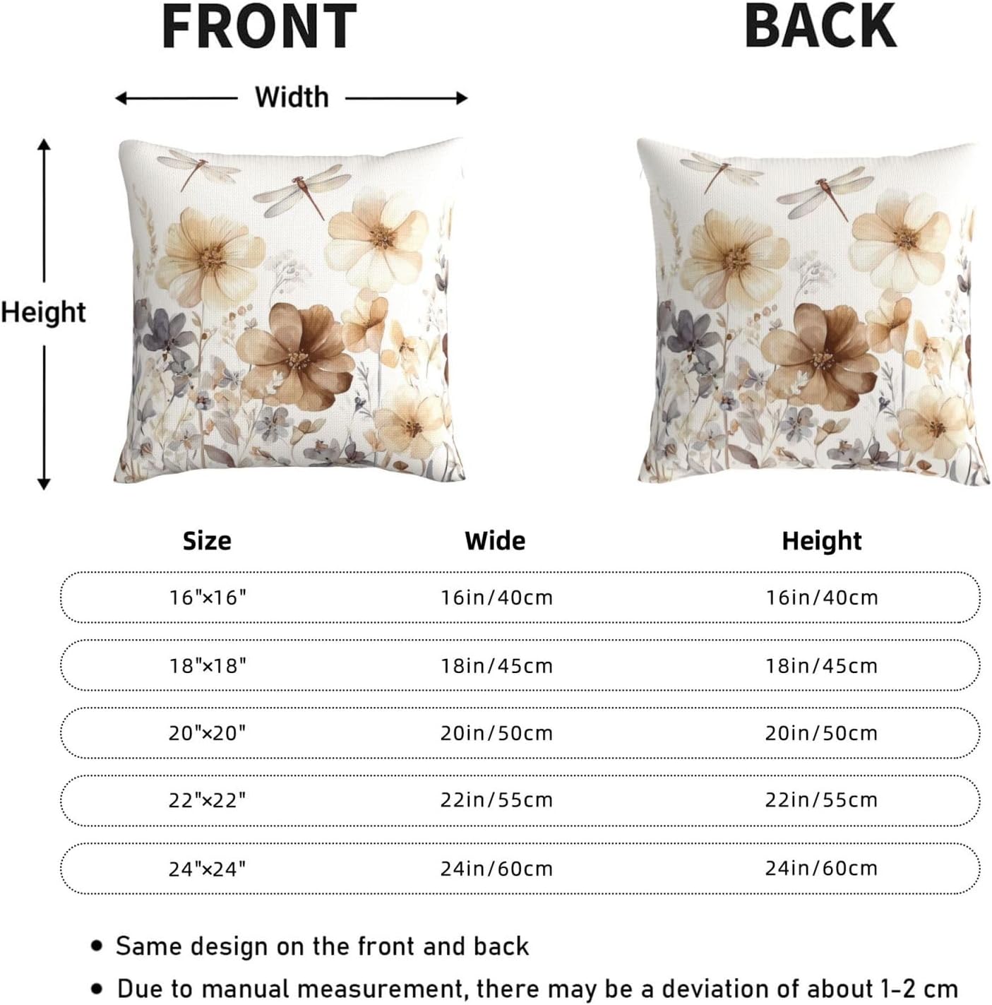 KiuLoam Rustic Floral Pillow Covers 22x22 Inch Set of 2, Gray Brown Watercolor Flower Farmhouse Decorative Throw Pillows, Neutral Outdoor Square Cushion Cases for Sofa Couch Bed Home Decor