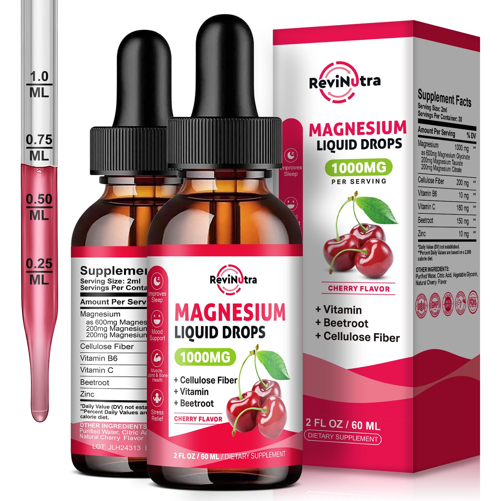 2 Pack Magnesium Glycinate Liquid Drops, 1000mg of Magnesium Glycinate, Taurate & Citrate Liquid Drops for Bone, Sleep, Calm, Muscle, Energy & Relaxation, High Absorption, Sugar-Free Cherry Flavor Cherry 2 Fl Oz (Pack of 2)