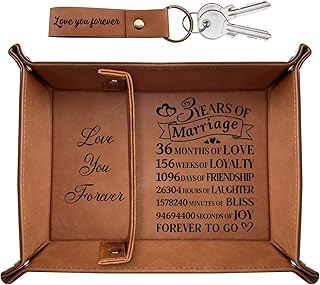XIKAINUO 3 Years of Marriage Engraved Leather Tray Jewelry Organization with Love You Forever Keychain Includes Dates Breakdown Gift for Couples Husband Wife Birthday Wedding Anniversary