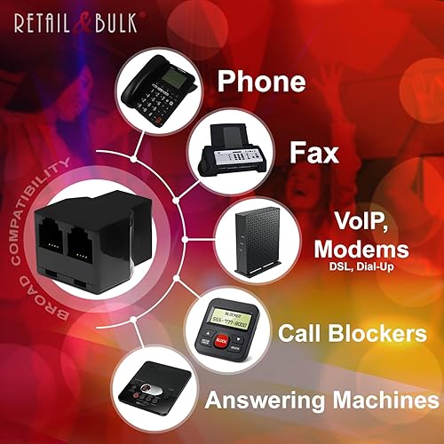 Miniatura 3 de RetailAndBulk Divisor RJ11 de 2 vías hembra a hembra 6P4C adaptador de línea telefónica con cable (negro, paquete de 2)