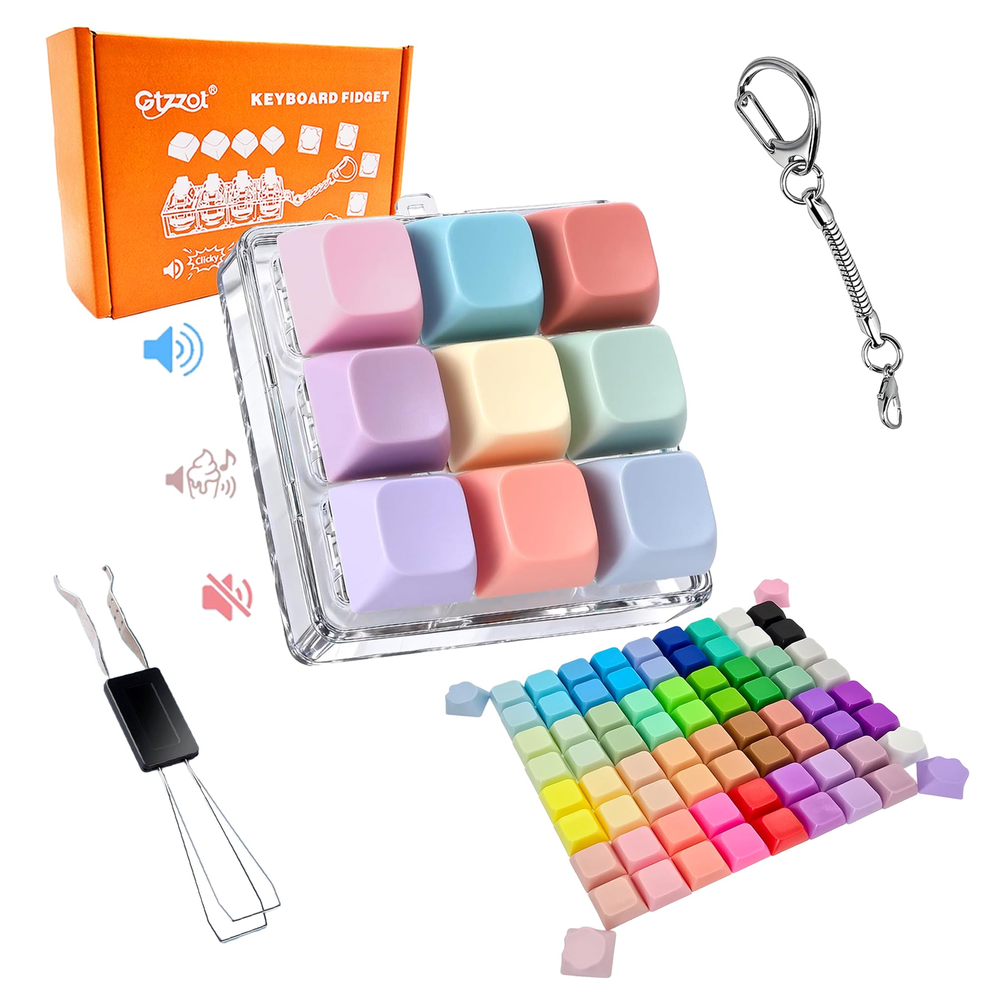 Zabawka Fidget z klawiaturą 9 w 1 w pudełku prezentowym – klikalny, kremowy i cichy brelok do kluczy, 75 kolorowych zdejmowanych klawiszy z kocią łapą, cichy przycisk Fidget dla dorosłych, spokojny