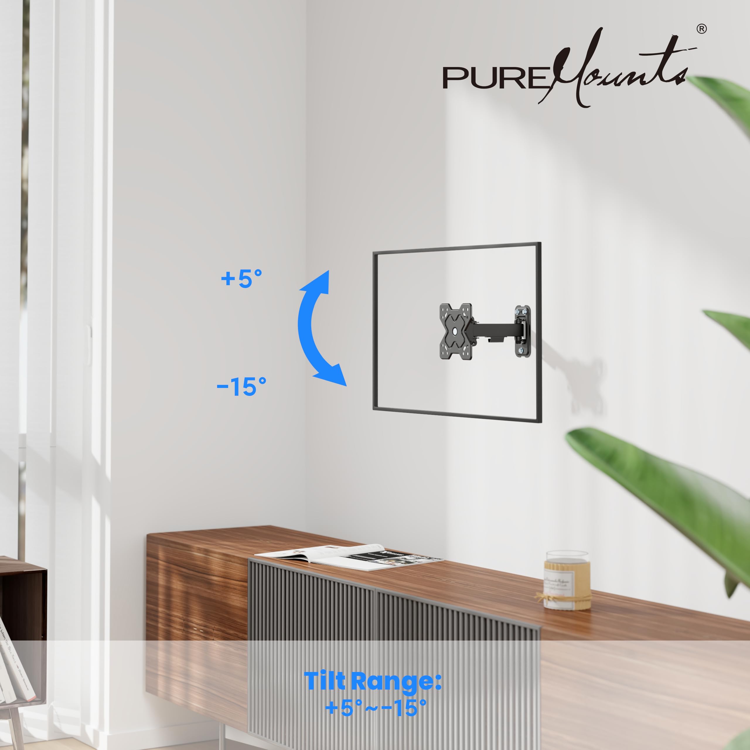 PureMounts Uchwyt ścienny do monitora telewizora, uniwersalny uchwyt z możliwością pochylenia i obrotu, maks. VESA 100 x 100 mm, do monitorów telewizyjnych 13-32 cali do 20 kg, czarny