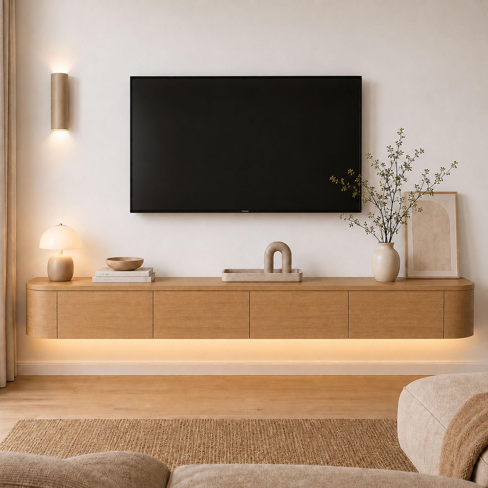 Meuble TV suspendu passe-câbles pour cacher les fils et sécuriser les coins de salon