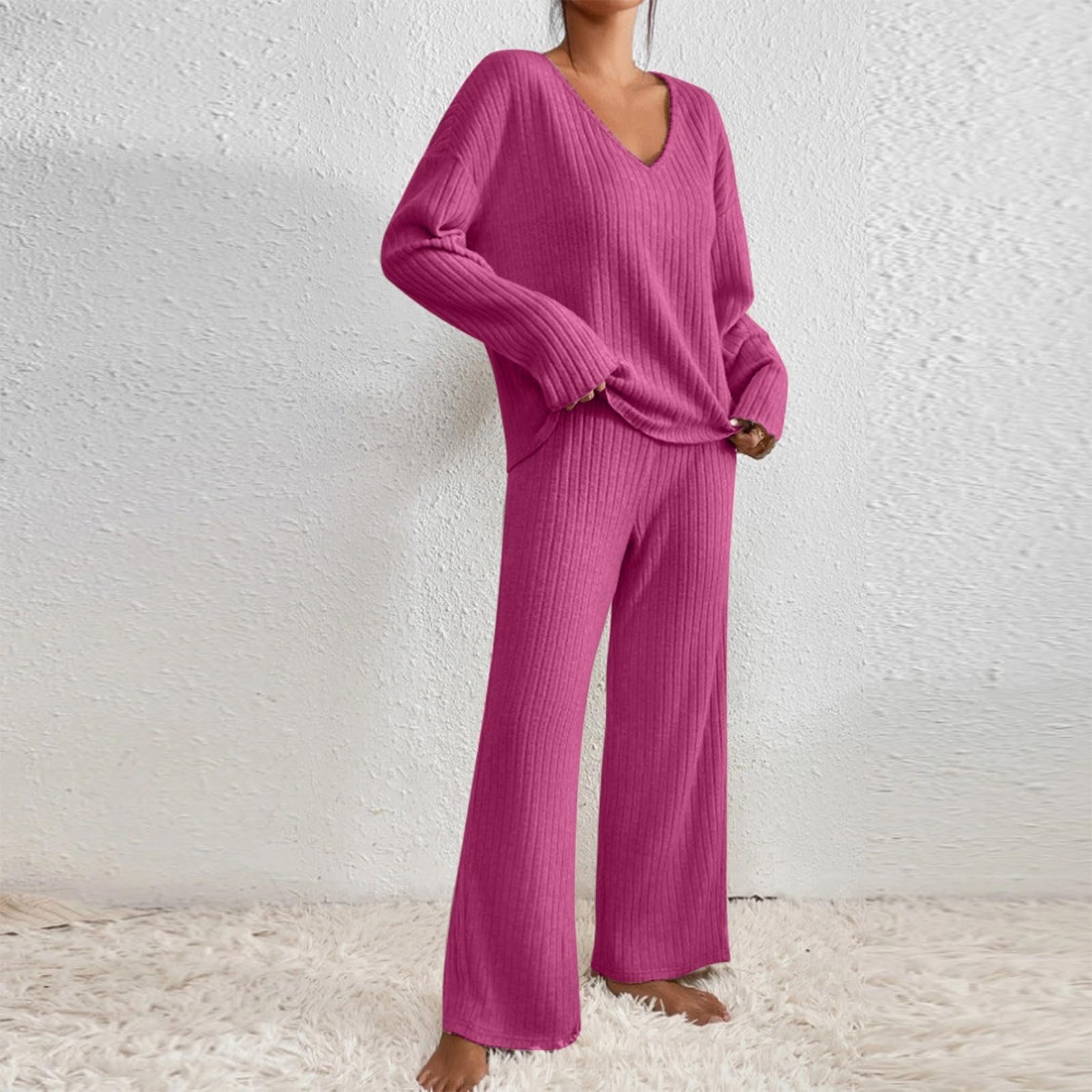 Loungewear Ensemble pyjama côtelé à manches longues pour femme | Ensemble de pyjama à manches longues et col en V en tricot et jambes droites - Vêtements de maison chauds - Couleur unie