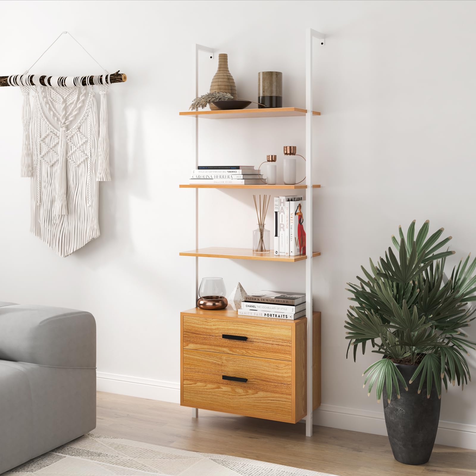 SogesHomeIndustrial Wall-Mounted Ladder Shelf with Cabinet - 4-Tier Bookshelf, Metal Frame, and 2 Drawers for Stylish Storage in Living Room, Office, Bedroom, Bathroom, Kitchen