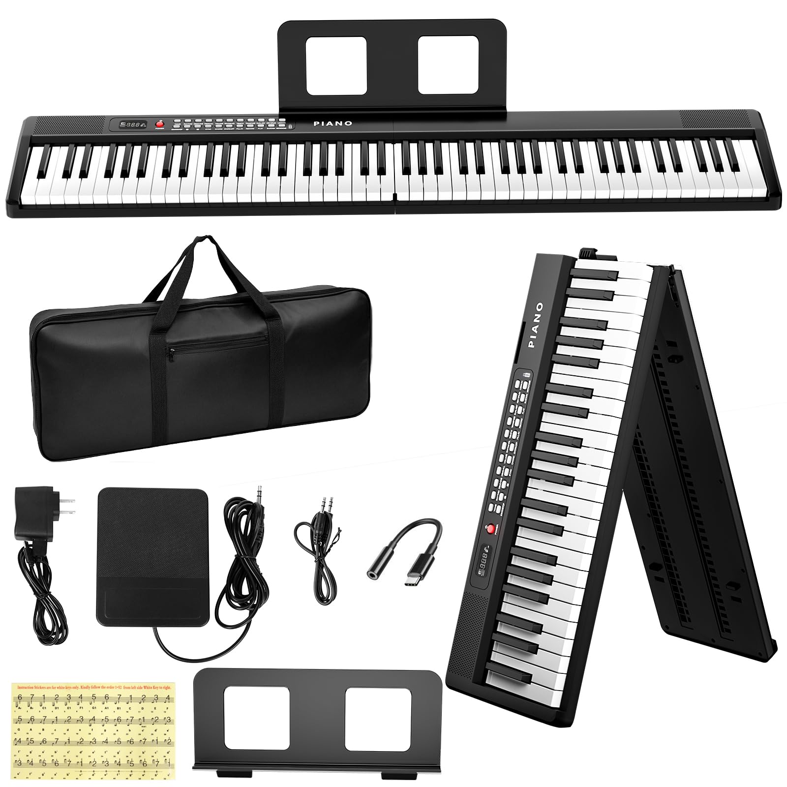 Buinblu Electronic 88 Key Piano Keyboard,Bluetooth Foldable Full Size Semi-Weighted Digital Pianos with Power Adapter,Pedal,Sheet Music Stand,Sticker,Bag,Gift for Beginners,Black