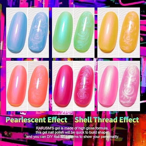 Miniatura 5 de RARJSM Juego de esmaltes de uñas de gel perlado, verde neón, azul, amarillo, naranja, rojo, rosa, arco iris, 6 colores brillantes, concha de sirena