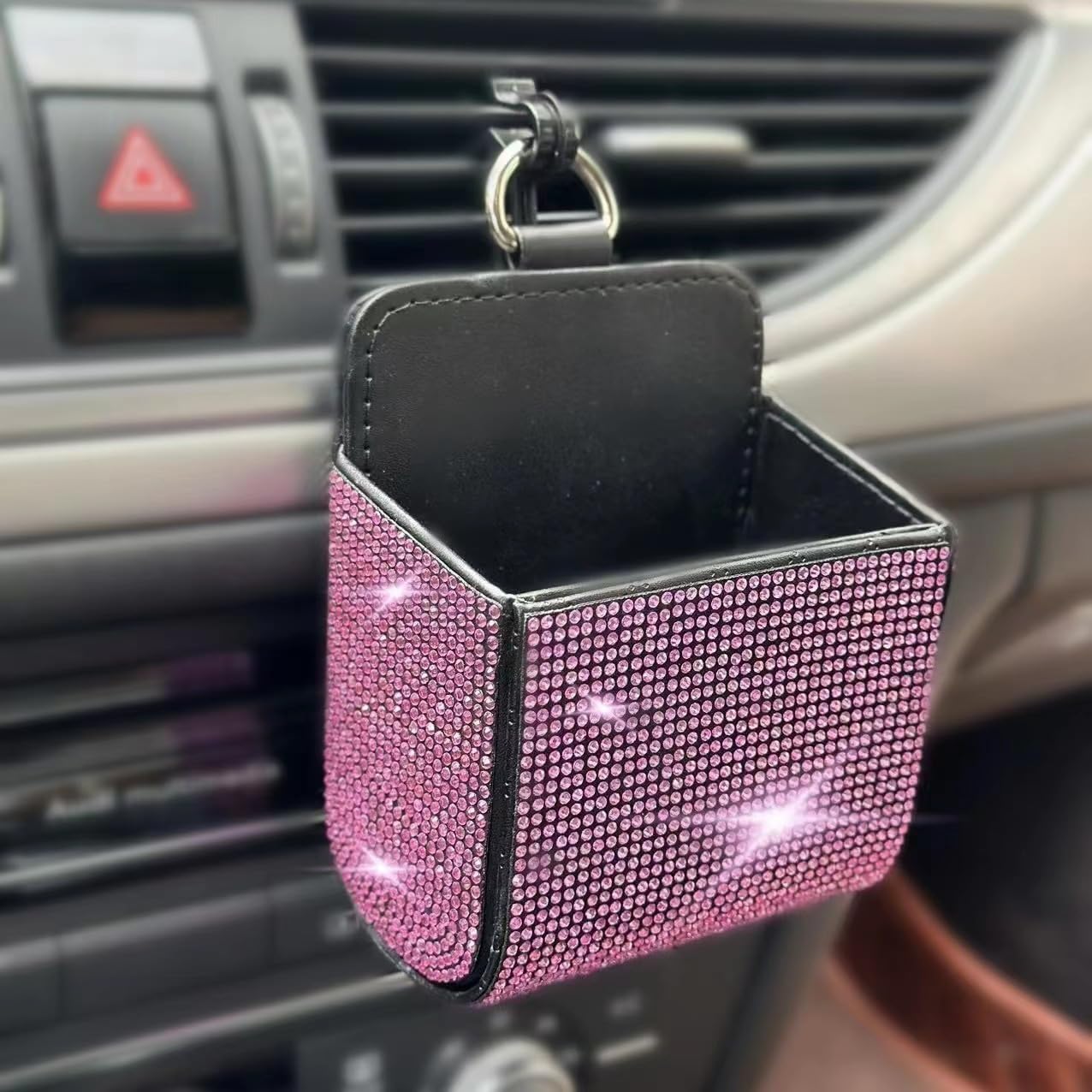 Car Storage Box,Crystal Car Air Vent Organizer Car Storage Bag Phone Case Holder Pocket,Air Outlet Pockets Vent Clip Organizer Pouch,Bling Car Accessory,Pink