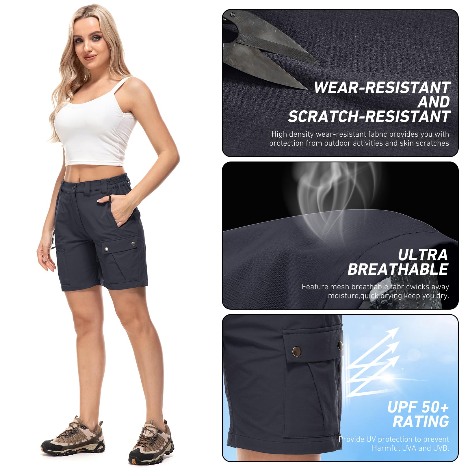 Short de Randonnée Cargo pour Femme Shorts de Randonnée Femme Short d'extérieur Confortable, Léger et à Séchage Rapide, pour Les Voyages et la Randonnée avec 4 Poches