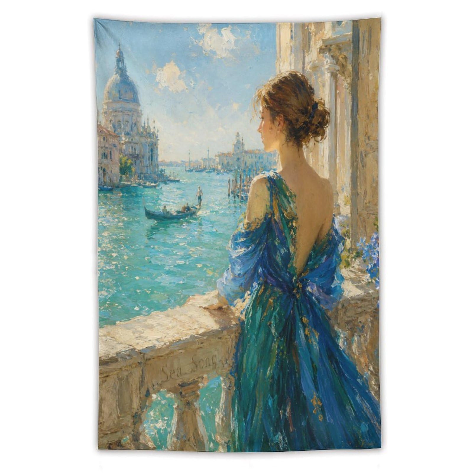 W7C8U2X3 Woman by Venetian Water Wall Tapestry, Oil Painting Style, Office