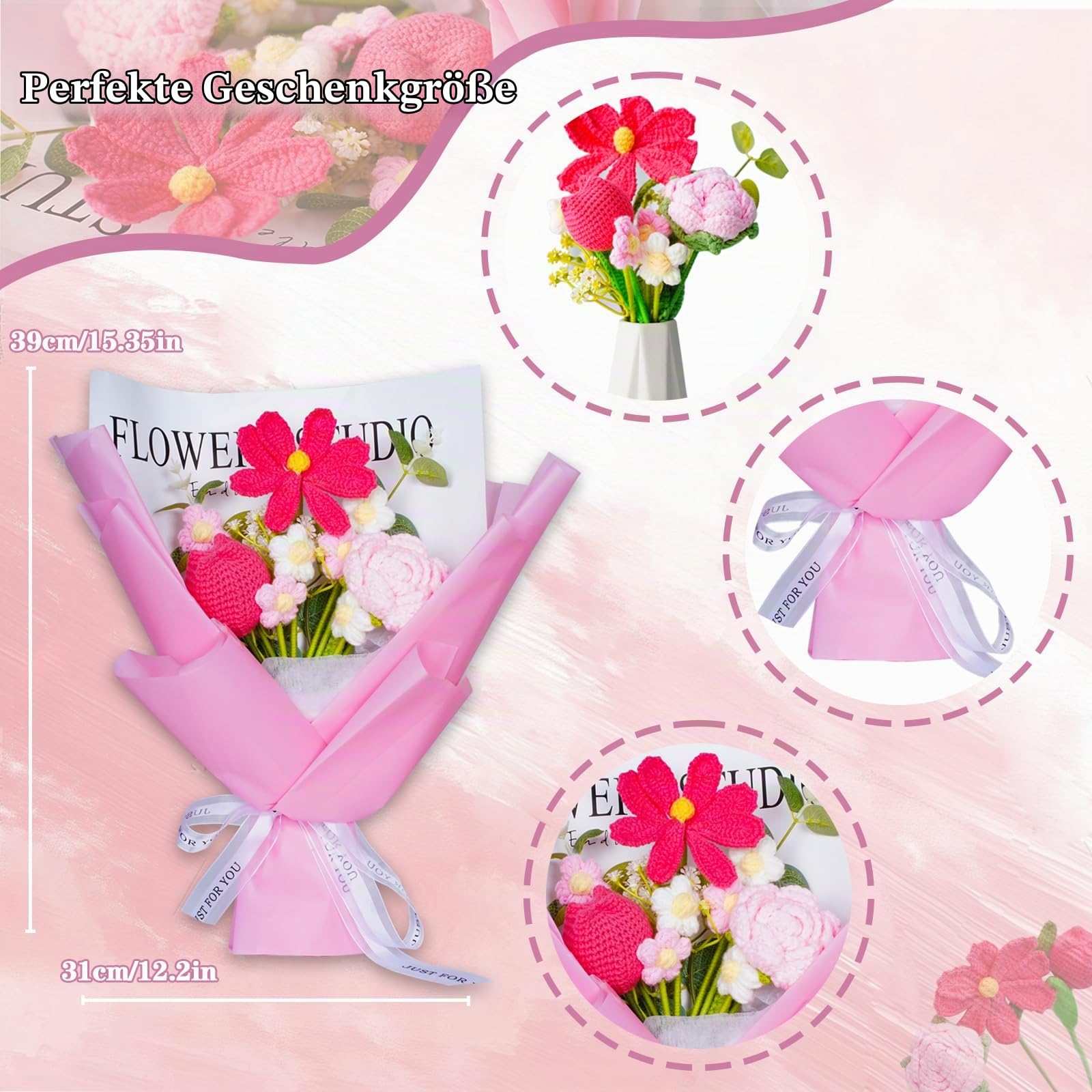 Gehäkelter Blumenstrauß in Rosa, Handgemachte Künstliche Blumen, Allergikerfreundliche Frühlingsdeko & Ästhetische Raumdeko