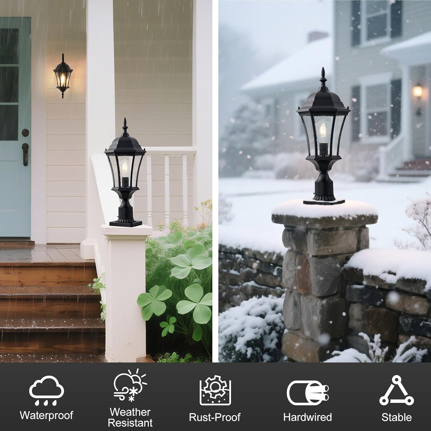 24in Large Outdoor Post Lights Aluminum Exterior Lamp Post Mount Lighting with Seeded Glass, Black Outside Gate Post Light Fixture Garden Hardwired Pole Lantern with 3'' Pole Base, 2 Pack