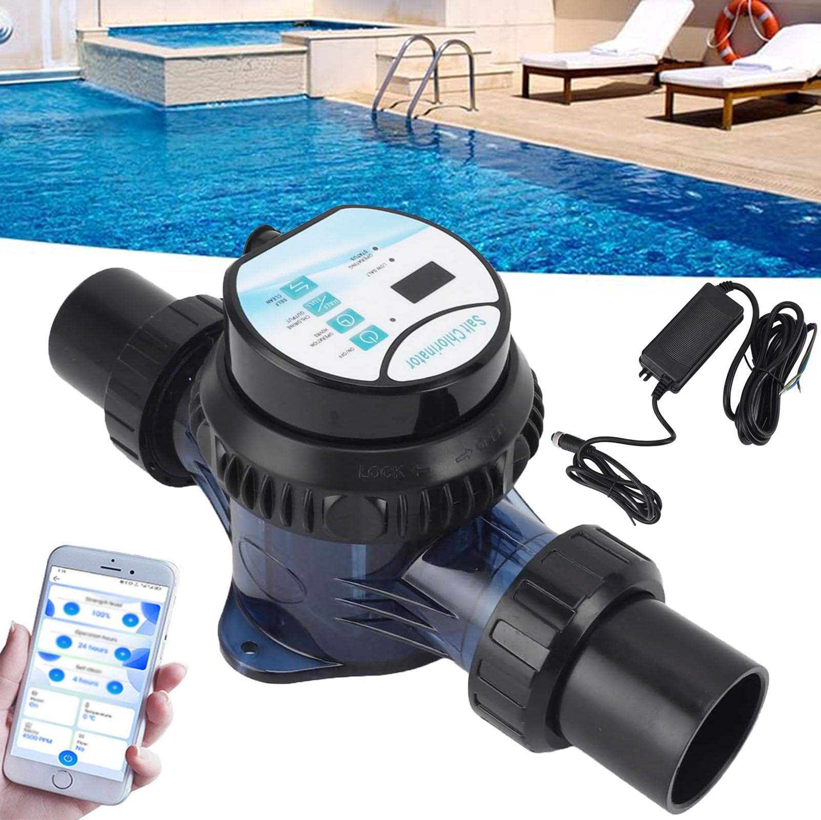 Clorador Salino para Piscinas, Generador de Cloro Salino con Autolimpieza, Control App Inteligente, Sixs Alarmas, Ajuste de Salida del 25-100%, para Piscinas de hasta 13,000 GAL,2g/h