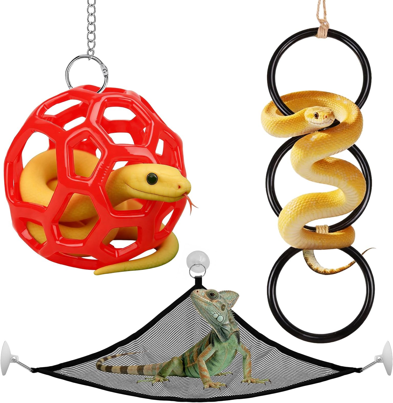Hysagtek Ball Python Tank Accessory - 3 Pcs Snake Enrichment Toys Ball with Hammock and Climbing Rings, Jungle Gym Ball with Chain, Reptiles Climbing Toy Hammock Snakes Tank Accessories
