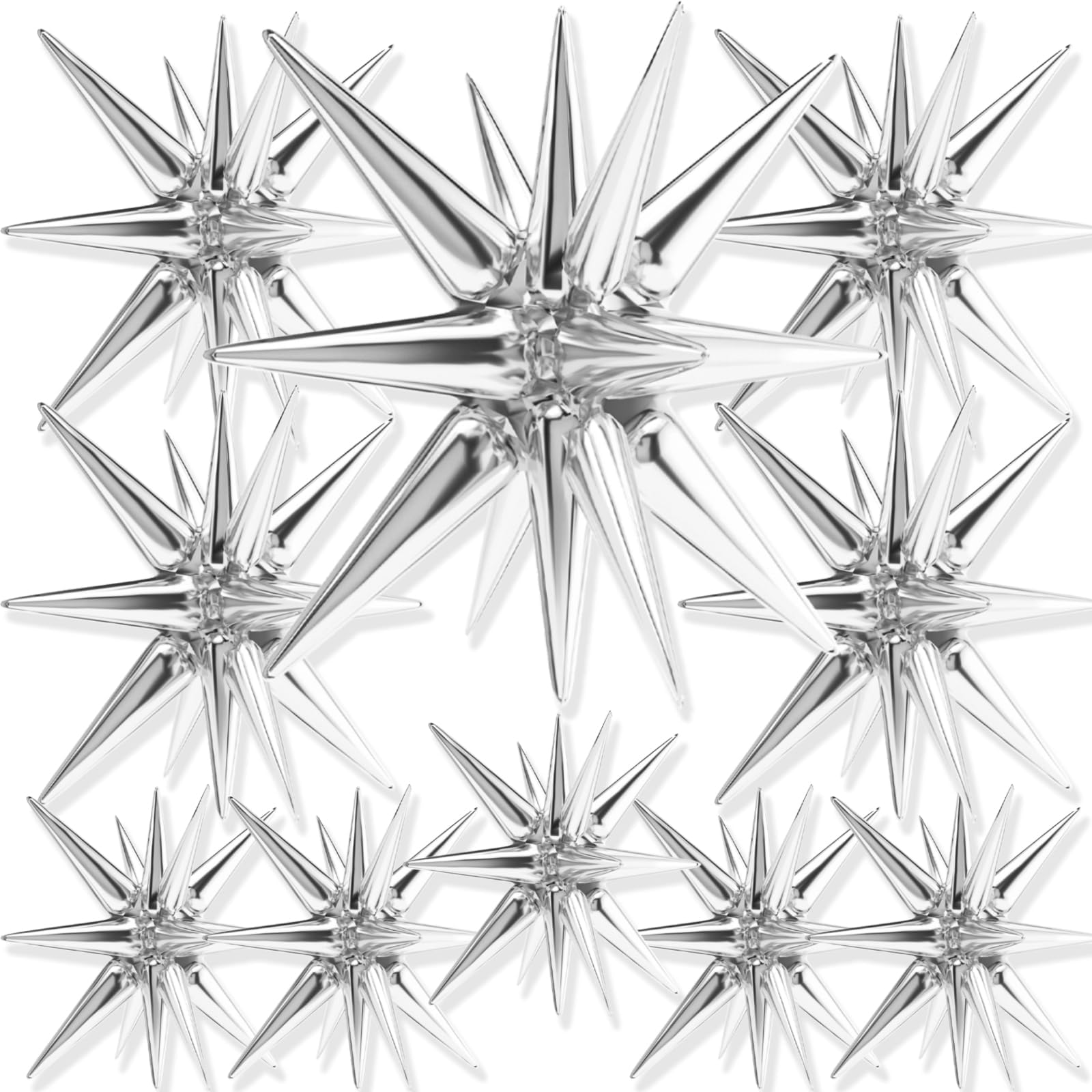 PartyWoo Metallic Silver Star Foil Balloons 10pcs Different Sizes Pack of 42 27 22 Inch Starburst Spike Mylar Balloons for Graduation Wedding Anniversary Bachelorette Birthday Party Decorations
