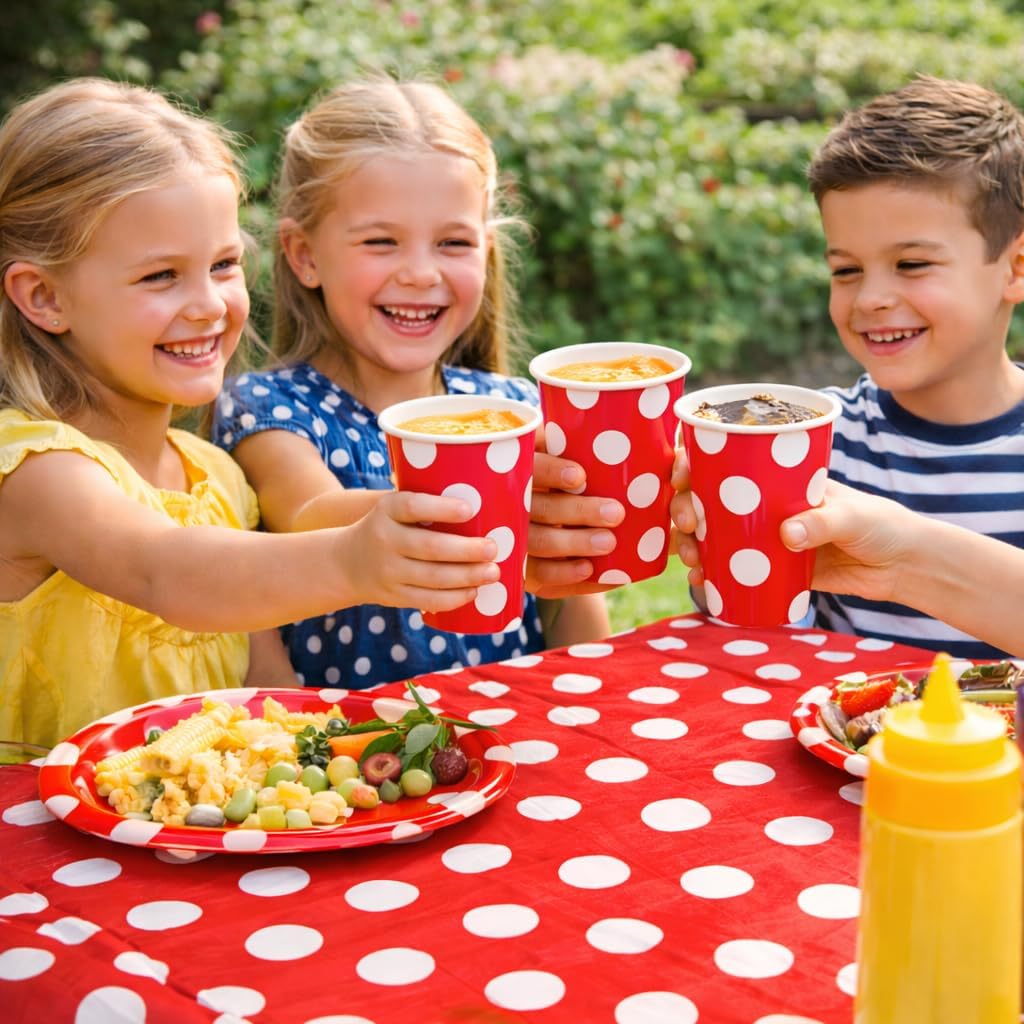 Serves 30 Complete Party Pack Red Polka Dot Party Supplies 9" Dinner Paper Plates 7" Dessert Paper Plates 9 oz Cups 3 Ply Napkins 2 Red Polka Dot Table Cover Size: 54" x 108"
