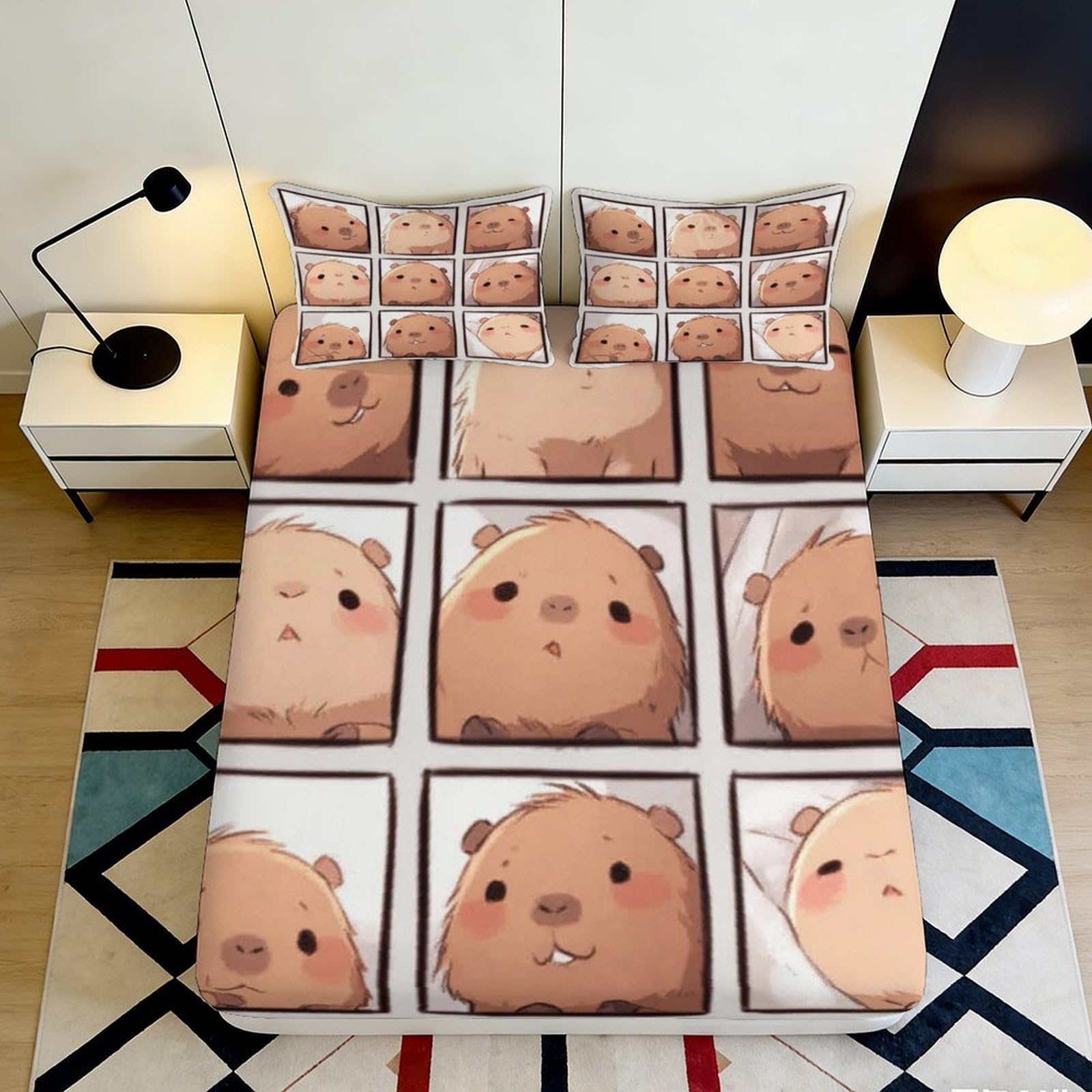 3D Printed Cute Capybara Cartoon Fitted Sheet Microfiber Anti-Slip Mattress Cover for Bedroom Dorm Easy Care 120x200x25cm