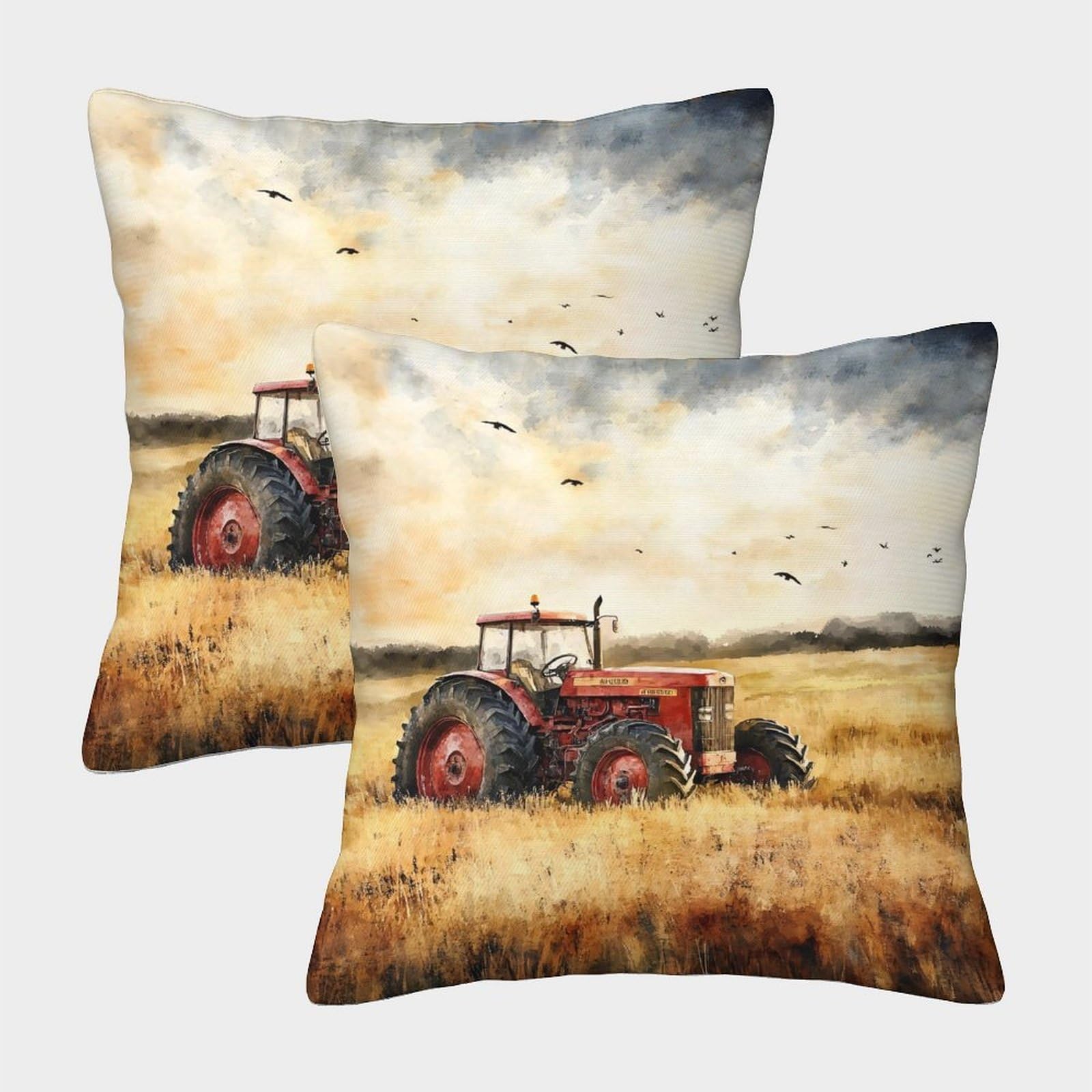 Felasbuid Style-1 Rural Tractor Scene—Vintage Farm Landscape Art Pillow Covers 2 Pack Cozy Pillowcases Art Cushion Case Zippered Decorative Couch Living Room 45X45cm