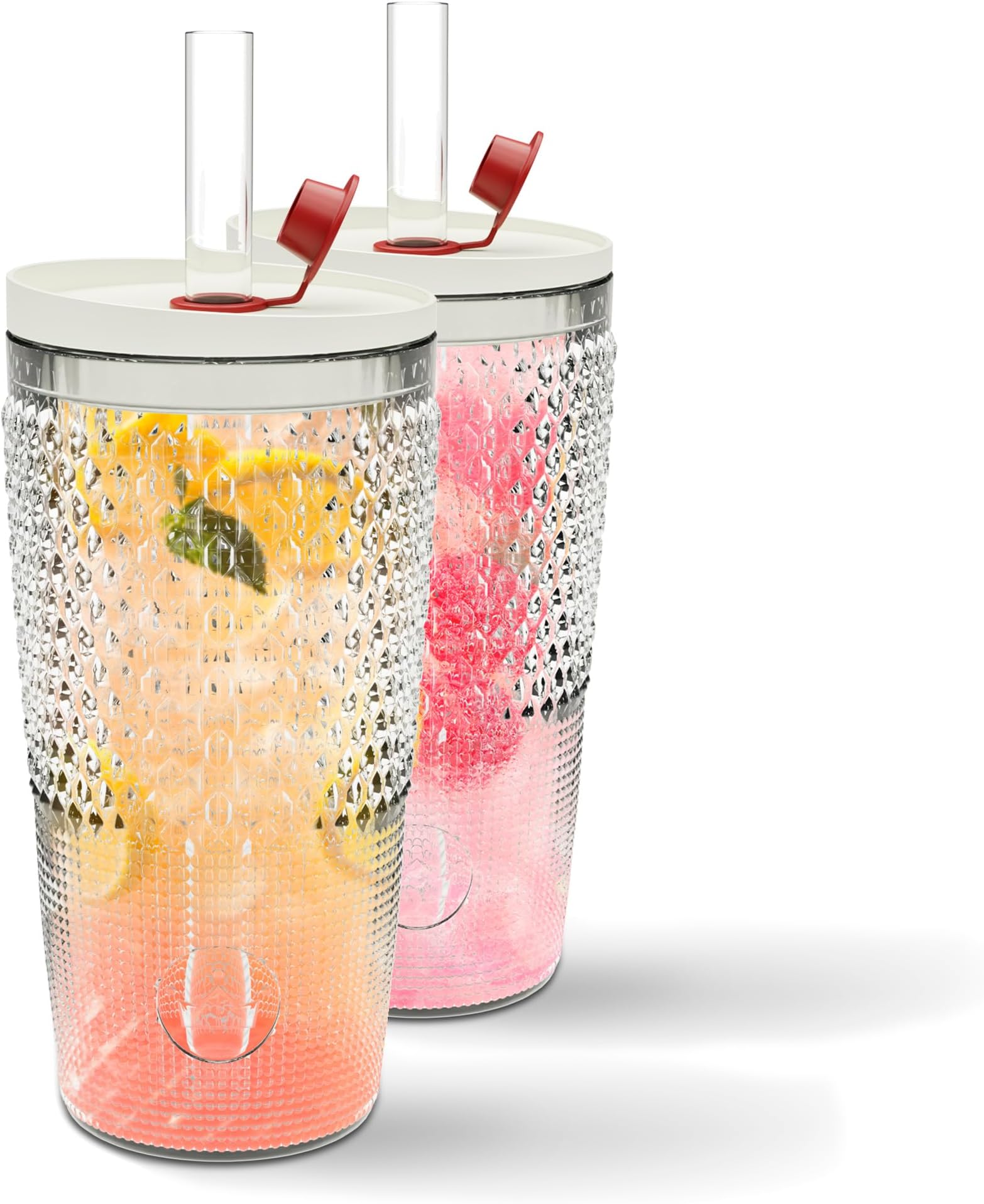 Glass Tumbler with Straw and Lid 22oz (pack of 2) - Clear Iced Coffee Cup w/Vintage Design, Dishwasher Safe Cups - Versatile Glass Coffee Tumbler for Smoothie Water & More