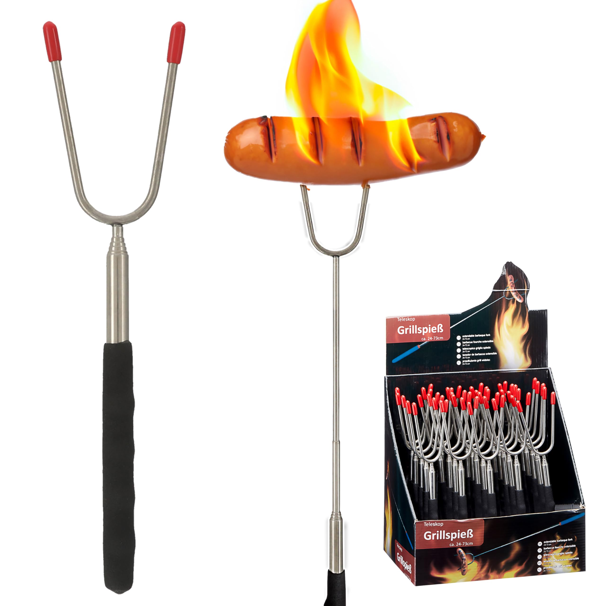 Set di 25 spiedini telescopici, in acciaio inox e PVC, 7,5 x 25 x 1,5 cm, 24 bis73 cm, nero e argento, forcella estensibile (1 set di 25 spiedini per barbecue)