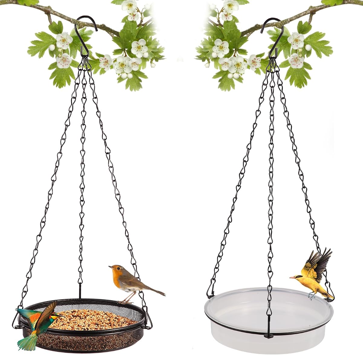 HRAYLTOP 2-in-1 Set Hanging Bird Feeder and Bath for Outdoor, Small Metal Tray Perfect for Attracting Bird
